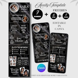 May include: A black and white nail salon template with the text "NAILS" and "Acuity Template". The design includes banners, flyers, and stories, and is editable in Canva. The template features nail service information and booking policies.