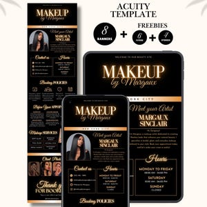 May include: Digital marketing template for a makeup artist, featuring a black and gold design. The template includes the text "MAKEUP by Margaux" and information about the artist, hours, and booking policies. The template is displayed on a phone, tablet, and a vertical banner.