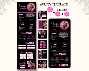 Könnte beinhalten: Eine digitale Acuity-Terminplanungs-Vorlage für ein Nagelstudio mit schwarzem Hintergrund sowie neonpinkem Text und Akzenten. Das Layout enthält Abschnitte für Kontaktdaten, Öffnungszeiten, Buchungsrichtlinien, Terminerinnerungen und Dienstleistungen.