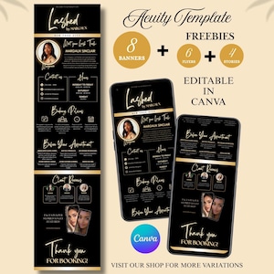 May include: Black and gold digital marketing template for a lash business. The design includes a banner, flyers, and stories, with the text "Lashed by Margaux" and "Editable in Canva."