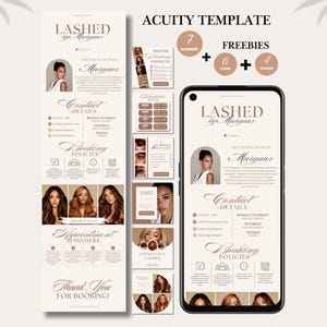 May include: Aesthetic template for a lash business, in a neutral colour scheme. Includes promotional materials such as banners, flyers, and social media stories. The design showcases contact details, booking policies, and appointment reminders.