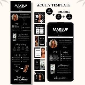 Pode incluir: Um modelo de agendamento Acuity para maquiadores com fundo preto e texto branco. O conjunto inclui um layout de página de reserva, oito banners, seis folhetos e quatro modelos de histórias exibidos na tela de um smartphone.