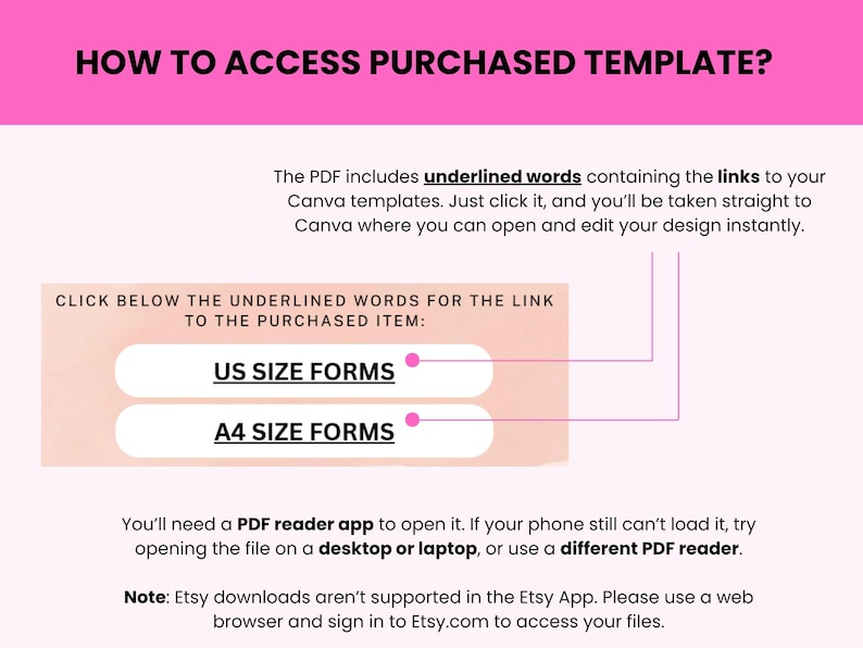 May include: A pink graphic with instructions on how to access a purchased template. The text includes the title "HOW TO ACCESS PURCHASED TEMPLATE?" and instructions on clicking underlined words for Canva templates. It also includes links for US and A4 size forms.