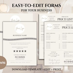 May include: Cream-colored business form templates with the text "Easy-to-Edit Forms For Your Business." The forms include a price list and a business information sheet. The text "Your Logo" is displayed at the top of the forms.