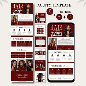 May include: A maroon and white Acuity template for hair services, featuring a phone mockup, banners, flyers, and stories. The design includes images of hairstyles, booking details, appointment reminders, and client reviews. Text includes "HAIR" and "Thank You for Booking!"