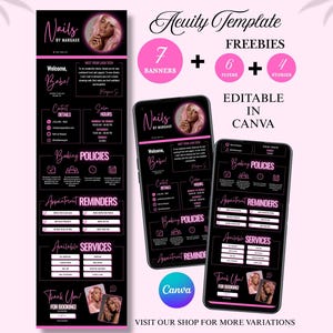 May include: A black and pink digital template for nail salon marketing, featuring the text "Nails by Margaux." The design includes banners, flyers, and stories, all editable in Canva. The template showcases salon details, booking policies, and appointment reminders.