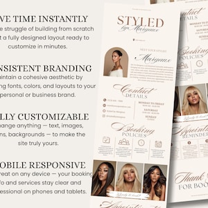 May include: A beige and brown flyer design for a hair styling business. The flyer includes text such as "Styled by Margaux", "Contact Details", and "Booking Policies". The design features images of women with various hairstyles.