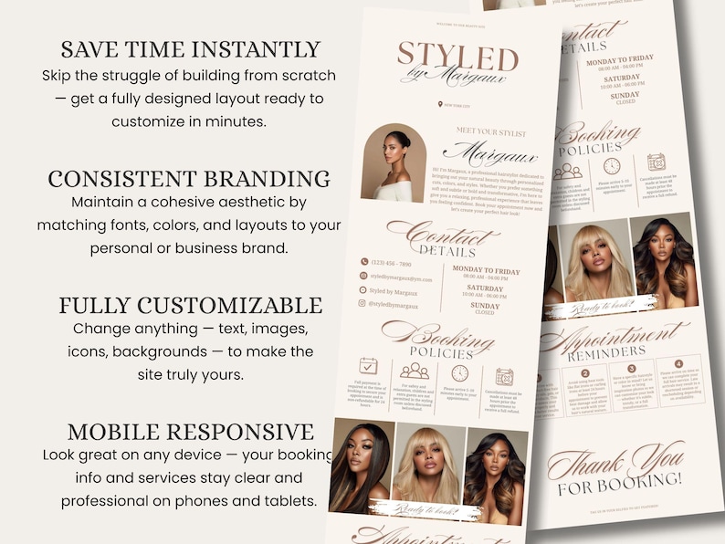 May include: A beige and brown flyer design for a hair styling business. The flyer includes text such as "Styled by Margaux", "Contact Details", and "Booking Policies". The design features images of women with various hairstyles.
