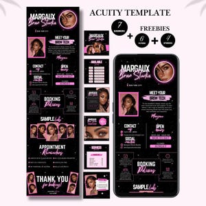 May include: A black and pink Acuity template for Margaux Brow Studio, featuring promotional materials like banners, flyers, and social media stories. The design includes the text "Meet Your Brow Tech" and contact information.
