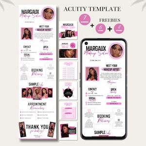 May include: Digital marketing template for Margaux Makeup Salon, in pink and white. The design includes banners, flyers, and social media graphics. The template showcases the salon's services, contact details, and booking policies.