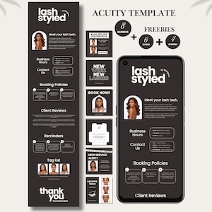 Peut inclure: Un ensemble de modèles de marketing numérique pour une entreprise de cils comprenant une longue page de réservation verticale, six graphiques carrés pour les réseaux sociaux et un écran de smartphone. Le design noir et blanc inclut du texte comme lash styled.