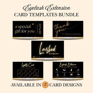 Könnte beinhalten: Ein Bundle von fünf schwarzen und goldenen Eyelash Extension Kartenvorlagen. Die Karten enthalten Designs für ein besonderes Geschenk, ein Dankeschön, eine Kundenkarte, Pflegehinweise und eine Visitenkarte mit dem Text "Lashed by MARGAUX".