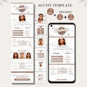 May include: Aesthetic social media template set for a makeup artist, featuring a phone mockup and various promotional graphics. The design includes the text "Makeup by Sharay", contact information, booking policies, and client looks, all in a soft brown and white color scheme.