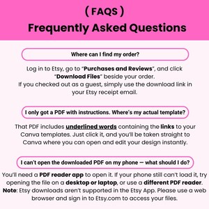 以下が含まれることがあります： ピンクのヘッダーが付いた「FAQs Frequently Asked Questions」というタイトルのデジタル情報グラフィック。Etsyの注文の検索方法、PDFリンクを介したCanvaテンプレートへのアクセス方法、PDFダウンロードのトラブルシューティングに関する手順が記載されています。