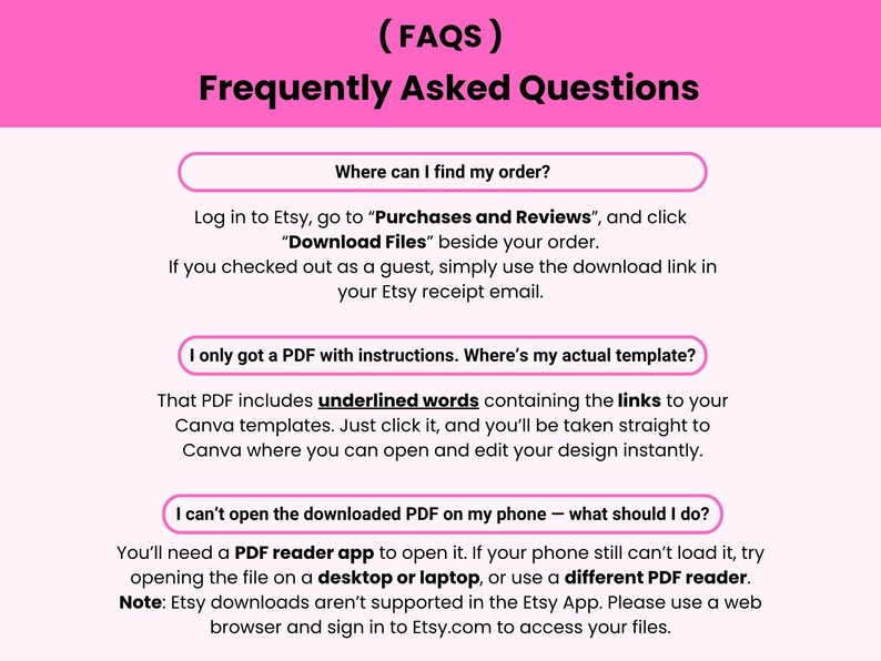 以下が含まれることがあります： ピンクのヘッダーが付いた「FAQs Frequently Asked Questions」というタイトルのデジタル情報グラフィック。Etsyの注文の検索方法、PDFリンクを介したCanvaテンプレートへのアクセス方法、PDFダウンロードのトラブルシューティングに関する手順が記載されています。