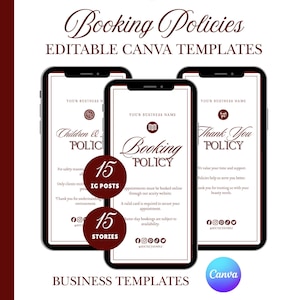Peut inclure: Conception numérique pour les entreprises de beauté, avec trois maquettes de smartphones affichant les politiques de réservation. La conception comprend le texte "Booking Policies" et "Editable Canva Templates". Le code couleur est bordeaux et blanc.