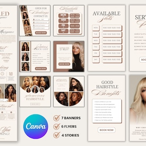 May include: Marketing materials for a hair styling service, including banners, flyers, and stories. The designs feature images of styled hair, service prices, booking information, and the Canva logo. The colour palette is neutral with brown and beige tones.
