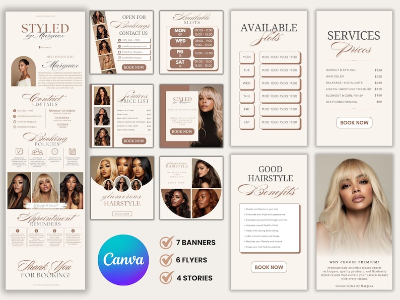 May include: Marketing materials for a hair styling service, including banners, flyers, and stories. The designs feature images of styled hair, service prices, booking information, and the Canva logo. The colour palette is neutral with brown and beige tones.
