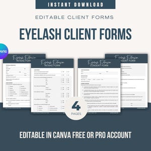Könnte beinhalten: Ein Set aus vier bearbeitbaren Wimpern-Kundenformularen für Aufnahme und Einwilligung mit dunkelblauen Kopfzeilen und weißem Hintergrund. Der Text enthält "INSTANT DOWNLOAD," "EYELASH CLIENT FORMS," und "EDITABLE IN CANVA FREE OR PRO ACCOUNT."