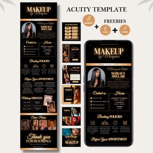 May include: A digital marketing template set for makeup artists featuring a black and gold color scheme. The design includes a long booking page layout, social media squares, and a smartphone display showing the Makeup by Margaux branding.