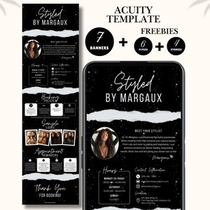 Op de afbeelding: Een zwart-wit digitaal sjabloon voor een haarstylist, met de tekst "Styled by Margaux". Het sjabloon bevat banners, flyers en stories, met secties voor boekingsbeleid, voorbeelden van looks en afspraakherinneringen.