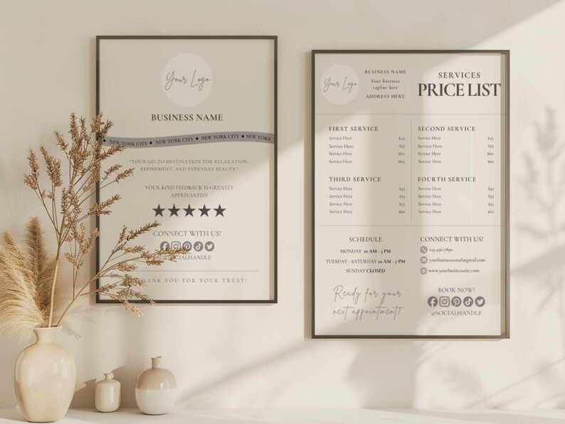 May include: Two framed prints with text, one a business sign with a logo and the words "Business Name", the other a price list. The prints are in neutral tones, with a vase and decorative plants in the foreground.