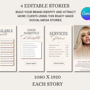 May include: A digital marketing template with four editable social media stories. The stories include appointment availability, hairstyle benefits, service prices, and a photo of a woman with blonde hair. The Canva logo is in the top right corner.
