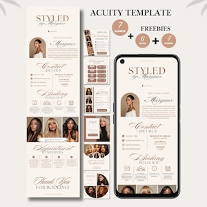 May include: Aesthetic digital template set for a hair stylist, featuring a phone mockup, banners, flyers, and stories. The design includes the text "STYLED by Margaux", contact details, booking policies, and appointment reminders. The color palette is neutral with brown accents.