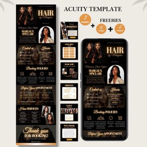 May include: A digital Acuity template for hair stylists featuring a black and gold color scheme. The design includes sections for booking policies, contact information, business hours, and service lists, displayed on a smartphone and vertical layout.