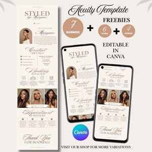 May include: Digital template with the text "STYLED by Margaux" and "Acuity Template". The design includes images of women with various hairstyles, contact details, booking policies, and appointment reminders. The template is editable in Canva.