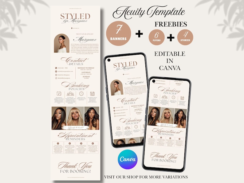 May include: Digital template with the text "STYLED by Margaux" and "Acuity Template". The design includes images of women with various hairstyles, contact details, booking policies, and appointment reminders. The template is editable in Canva.
