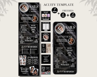 May include: A digital Acuity template set for a nail technician business featuring a black silk background with white text. The design includes seven banners, six flyers, and four story templates, showcasing contact info, booking policies, and services.