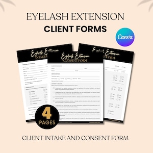 May include: Four black and white client forms for eyelash extensions are displayed. The forms include client intake and consent forms, with the text "Eyelash Extension Client Forms" at the top. The Canva logo is visible.