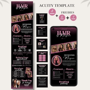 May include: A digital Acuity template set featuring a black and pink colour scheme with glitter accents. The design includes a long booking page layout, several square social media graphics, and a smartphone mockup displaying the hair salon branding.