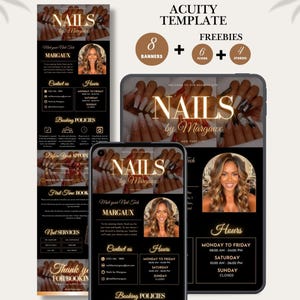 Pode incluir: Materiais de marketing digital para um salão de unhas, com um design preto e dourado. Os materiais incluem banners, folhetos e histórias para as redes sociais, mostrando arte de unhas e informações do salão. O texto inclui "NAILS by Margaux" e detalhes de reserva.