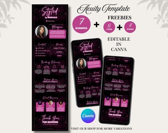 Modelo de agendamento Hair Acuity em preto e rosa para cabeleireiro, site Acuity, modelo de agendamento de cabelo no Canva, agendamento de cabelo editável no Acuity.