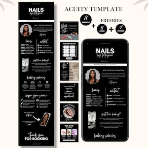 May include: A black and white digital template for a nail salon, featuring the text "NAILS by Wayane". The template includes banners, flyers, and stories, along with contact information, booking policies, and nail care examples.