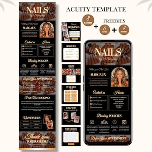 以下が含まれることがあります： 「NAILS by Margaux」のテキストが入った、黒と金のネイルサロン用テンプレート。連絡先情報、予約ポリシー、ネイルサービスなどのセクションが含まれています。このテンプレートはスマートフォンでの使用を想定して設計されています。