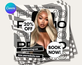 May include: Promotional graphic with a woman with blonde hair. The design includes the text "PROMO", "20% OFF", "BOOK NOW!", and social media handles. The background features a black and white pattern.