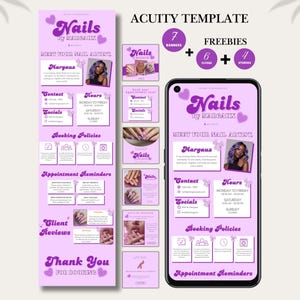 May include: A lilac-colored template for a nail salon, featuring the text "Nails by Margaux" in a stylized font. The design includes banners, flyers, and social media stories, with a phone mockup displaying the salon's information.