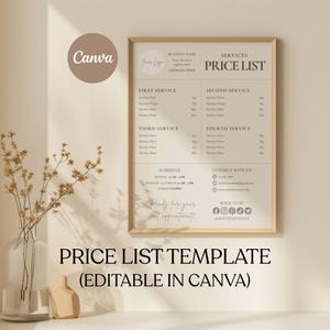 May include: A framed price list template with a beige background and a minimalist design. The text "PRICE LIST TEMPLATE (EDITABLE IN CANVA)" is displayed at the bottom. The template includes sections for services, pricing, and contact information.