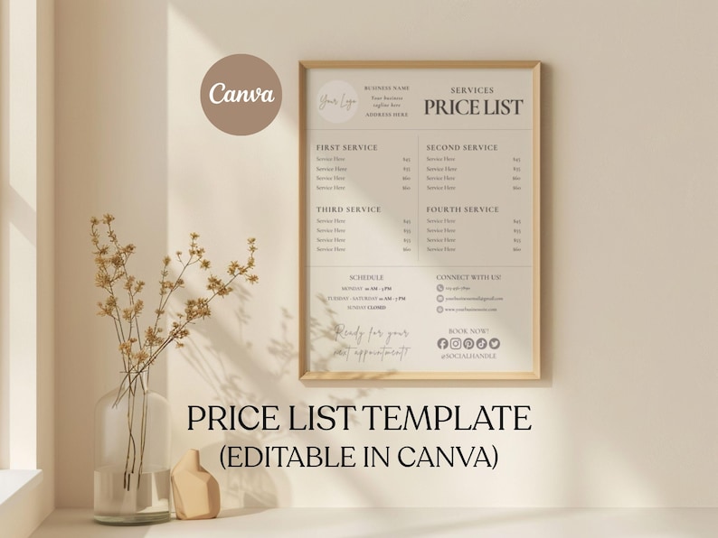 May include: A framed price list template with a beige background and a minimalist design. The text "PRICE LIST TEMPLATE (EDITABLE IN CANVA)" is displayed at the bottom. The template includes sections for services, pricing, and contact information.