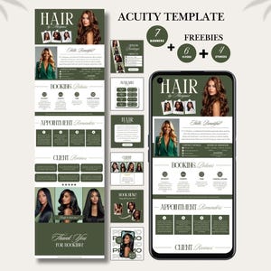 Op de afbeelding: Een digitale Acuity-sjabloonset voor haarstylisten met een donkergroen en wit kleurenschema. Het ontwerp bevat een groot mobiel telefoonscherm, zeven banners, zes flyers en vier story-sjablonen met tekstkoppen zoals HAIR, BOOKING POLICIES en APPOINTMENT REMINDERS, naast diverse portretfoto's van personen met gestyled haar.
