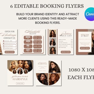 May include: An image displaying six editable booking flyers. The flyers use a neutral colour scheme and include images of hairstyles and text such as "Open for Bookings" and "Services Price List." The Canva logo is visible.