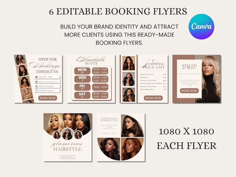 May include: An image displaying six editable booking flyers. The flyers use a neutral colour scheme and include images of hairstyles and text such as "Open for Bookings" and "Services Price List." The Canva logo is visible.