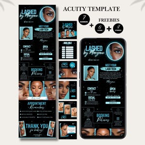 May include: A black and teal digital marketing template for lash extensions, with the text "Lashed by Margaux" and "Meet Your Lash Tech." Includes banners, flyers, and social media stories. The design showcases images of eyes and lash extensions.