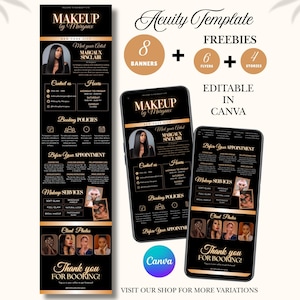Peut inclure: Un modèle de maquillage noir et or avec le texte "MAKEUP by Margaux" et "MARGAUX SINCLAIR". Le modèle comprend des bannières, des flyers et des stories, et est modifiable dans Canva. Le modèle comprend également des photos de clients.