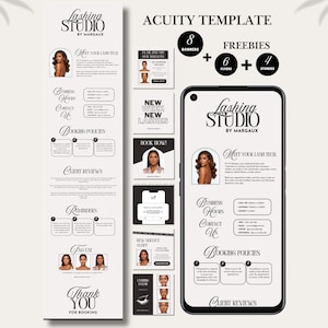 Peut inclure: Un modèle Acuity numérique pour Lashing Studio by Margaux, comprenant un affichage sur téléphone mobile, huit bannières, six flyers et quatre stories. Le design inclut des sections pour les horaires, les contacts, les politiques et les avis.