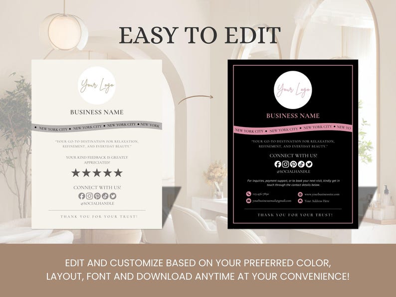 May include: A digital template with two design options, one in cream and the other in black, featuring space for a logo, business name, and contact information. The text "Easy to Edit" is displayed at the top.