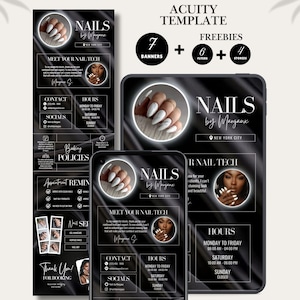 May include: A black and white digital template for a nail salon, featuring the text "NAILS by Margaux" and contact information. The design includes images of manicured nails and a portrait of a nail technician. The template includes 7 banners, 6 flyers, and 4 stories.
